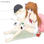  1girl bad_anatomy bad_feet barefoot blue_eyes doll evangelion:_2.0_you_can_(not)_advance handheld_game_console ikari_shinji neon_genesis_evangelion niwatori_kokezou orange_hair rebuild_of_evangelion shikinami_asuka_langley souryuu_asuka_langley wonderswan 