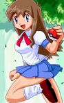  blue_eyes brown_hair lass_(pokemon) long_hair lowres mini_skirt miniskirt nintendo npc npc_trainer poke_ball pokeball pokemoa pokemon pokemon_trainer skirt soara trainer_class 