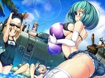  aqua_hair ass bikini_top bird blonde_hair blue_eyes blue_hair blush breasts closed_eyes cutoffs elbow_gloves gloves goggles goggles_on_head hat highres large_breasts long_hair multiple_girls one-piece_swimsuit one_eye_closed original penguin purple_hair red_eyes short_hair short_shorts shorts swimsuit thighhighs torisan 