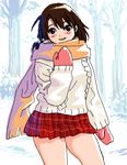  aran_sweater lowres mittens original plaid plaid_skirt ryoji_(nomura_ryouji) scarf skirt solo sweater 