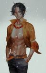  abs freckles gradient gradient_background hands_in_pockets male_focus muscle necklace one_piece open_shirt portgas_d_ace shirt snow solo 