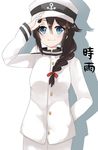  alternate_costume anchor_symbol blue_eyes braid brown_hair character_name closed_mouth hair_ornament hair_over_shoulder hair_ribbon hat highres kantai_collection long_hair long_sleeves maa_(roninnn) military military_uniform red_ribbon remodel_(kantai_collection) ribbon salute shigure_(kantai_collection) single_braid smile solo tress_ribbon uniform 