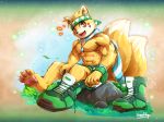  anthro bandanna big_feet big_shoes brown_eyes canine clothed clothing fox fur looking_at_viewer male mammal multi_tail muscular muscular_male no0183 pawpads signature solo waddledox yellow_fur 