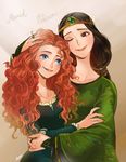  ano_(sbee) blue_eyes brave_(pixar) brown_eyes brown_hair curly_hair elinor_(brave) hug merida_(brave) mother_and_daughter multiple_girls one_eye_closed red_hair 