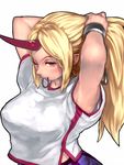  adjusting_hair blonde_hair breasts chain cuffs gengoroumaru_(ambidextrous) horn hoshiguma_yuugi large_breasts long_hair looking_at_viewer mouth_hold one_eye_closed pointy_ears red_eyes shirt short_sleeves simple_background skirt solo touhou upper_body white_background 