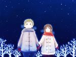  1girl black_hair gloves gradient gradient_background green_hair hand_holding jacket kuina mittens night one_piece roronoa_zoro scarf sky younger 