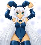  animal_ears aqua_eyes armpits arms_up bare_shoulders blue_hairband blue_leotard blue_neckwear blue_sleeves bow bowtie bunny_ears bunny_girl bunnysuit closed_mouth commentary_request cowboy_shot dark_skin detached_collar detached_sleeves ears_down expressionless fake_animal_ears fishnet_pantyhose fishnets frilled_sleeves frills hair_spread_out hairband highleg highleg_leotard leotard long_hair looking_at_viewer original pantyhose ranbu_hararin side-tie_leotard silver_hair solo standing thigh_gap thighs very_long_hair white_frills wing_collar zipper zipper_leotard zipper_pull_tab 