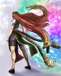  ankles arms ass bangs beret big_hair bike_shorts chinese_clothes clenched_hand colorful dragon dragon_horns dress energy floating_hair from_behind full_body green_dress grey_background hat highres hong_meiling horns kikimifukuri legs long_hair monster no_socks red_hair scales shorts sleeveless sleeveless_dress solo spikes standing tabard thighs toned touhou very_long_hair wind 