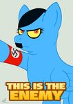  2011 adolf_hitler black_hair blue_fur curtsibling english_text equine facial_hair friendship_is_magic fur german hair horse looking_at_viewer male mammal mustache my_little_pony nazi pegasus pony pony_hitler red_eyes schutzstaffel simple_background swastika teeth text wings 
