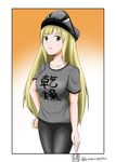  bismarck_(kantai_collection) blue_eyes breasts clothes_writing commentary_request frown hand_on_hip hat highres japanese_clothes kantai_collection large_breasts long_hair looking_at_viewer sazanami_konami shirt solo t-shirt translated 