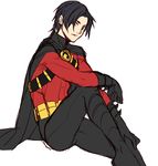 1boy batman_(series) belt boots cape dc_comics gauntlets male_focus red_robin simple_background sitting solo tim_drake 