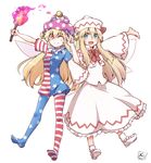  :d ;) american_flag_dress american_flag_legwear blonde_hair blue_eyes blush clownpiece dated fairy_wings full_body hat highres holding jester_cap lily_white locked_arms long_hair long_sleeves looking_at_viewer multiple_girls no_shoes number one_eye_closed open_mouth outstretched_arm pantyhose pink_eyes polka_dot_hat shirt shoes signature simple_background skirt skirt_set smile star star_print torch touhou v very_long_hair white_background wide_sleeves wings yutamaro 