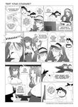  3girls :d alternate_breast_size bell bell_collar collar comic commentary crossover doraemon doraemon_(character) dorayaki english english_commentary foaming_at_the_mouth food glasses greyscale hat headband highres kantai_collection magatama military military_uniform monochrome multiple_girls naval_uniform nobi_nobita non-human_admiral_(kantai_collection) open_mouth peaked_cap ponytail ryuujou_(kantai_collection) smile taihou_(kantai_collection) tears twintails unconscious uniform visor_cap wagashi wangphing zuihou_(kantai_collection) 