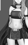  armlet bare_shoulders belt cape choker cowboy_shot crimson_comics grey_background greyscale head_out_of_frame highres long_hair midriff monochrome navel non-web_source simple_background skirt smile solo standing stomach 