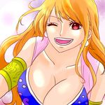  alabasta armlet breasts cleavage earrings gradient gradient_background jewelry long_hair nami_(one_piece) one_eye_closed one_piece orange_hair red_eyes smile solo wink 