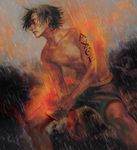  fire freckles gradient gradient_background magic male_focus muscle one_piece portgas_d_ace rain shorts solo tattoo topless 