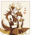  1girl animal_ears black_hair blush brown_hair checkered checkered_background closed_eyes fire_emblem fire_emblem_if flannel_(fire_emblem_if) freckles gloves heart hetero hug long_hair low_ponytail mozume_(fire_emblem_if) multicolored_hair open_mouth sepia spot_color tail tail_wagging twintails two-tone_hair uboar white_hair wolf_ears wolf_tail 