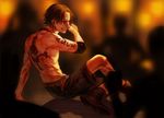  brown_hair fire freckles gradient gradient_background jolly_roger male_focus one_piece portgas_d_ace shorts sitting solo tattoo topless 