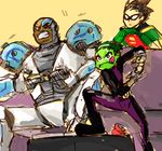  3boys bald beast_boy black_hair cartoon_network controller couch cyborg cyborg_(dc) dark_skin dc_comics dick_grayson domino_mask game_console garfield_logan gloves green_hair green_skin male_focus mask multiple_boys robin_(dc) simple_background teen_titans tongue victor_stone video_game 