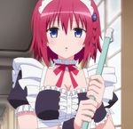  broom hair_braid kurosaki_mea maid maid_headdress maroon_hair purple_eyes screencap short_hair to_love-ru_darkness violet_eyes 