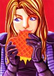  1girl batgirl batman_(series) blonde_hair blue_eyes cape dc_comics eating food gauntlets gloves simple_background smile solo stephanie_brown waffle_(food) 
