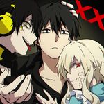  2boys bags_under_eyes black_hair blonde_hair chromatic_aberration dark_konoha detached_collar facial_mark headphones hood hoodie kagerou_project kisaragi_shintarou konoha_(kagerou_project) kozakura_marry multiple_boys official_style ogkz red_eyes scales slit_pupils smile symbol-shaped_pupils tongue tongue_out upper_body yellow_eyes 