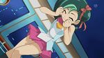  1girl animated animated_gif bare_legs bare_shoulders female green_hair happy mizuki_kotori_(yuu-gi-ou_zexal) school_uniform screencap short_hair skirt yu-gi-oh! yuu-gi-ou_zexal 