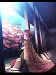  absurdres blue_sky building calligraphy_brush cherry_blossoms cloud day floral_print flower garden hair_flower hair_ornament hieda_no_akyuu highres japanese_clothes kimono letterboxed looking_at_viewer paintbrush purple_hair rerrere scroll sitting sky smile solo sunlight touhou tree veranda 