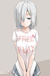  blue_eyes breast_squeeze breasts clothes_writing commentary_request english hair_ornament hair_over_one_eye hairclip hamakaze_(kantai_collection) kantai_collection kichihachi large_breasts looking_away pleated_skirt shirt shirt_tug signature silver_hair skirt solo t-shirt tears 
