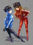  animal_hat arms_behind_back ayanami_rei badge black_bodysuit blue_eyes blue_hair bodysuit button_badge cat_hat daphne_zhang eyepatch full_body hair_between_eyes hand_around_wrist hands_in_pockets hat highres holding jacket leaning_forward multiple_girls neon_genesis_evangelion orange_hair plugsuit red_eyes simple_background souryuu_asuka_langley track_jacket zipper 