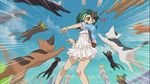  1girl bare_legs cat dress female green_hair jumping mizuki_kotori_(yuu-gi-ou_zexal) scared screencap sky strike yu-gi-oh! yuu-gi-ou_zexal 