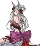  3: animal_ears back bare_shoulders barefoot blue_eyes blush erune fox_ears fox_tail from_behind granblue_fantasy hair_ornament hair_rings japanese_clothes long_hair looking_at_viewer looking_back moko_(alice) off_shoulder silver_hair simple_background sitting socie_(granblue_fantasy) solo tail wariza white_background 