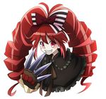  blush_stickers claw_(weapon) dress drill_hair grin hair_ribbon long_hair long_sleeves micha_jawkan rate_rapiku red_eyes ribbon senki_zesshou_symphogear sharp_teeth smile solo teeth twin_drills twintails upper_body weapon white_background 