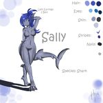  2014 anthro blue_eyes blue_hair blue_skin breasts claws doomthewolf ear_piercing english_text featureless_breasts featureless_crotch female fish hair hi_res marine model_sheet nude piercing pose raised_arm sally_(doomthewolf) shark slit_pupils solo stripes text toe_claws 