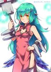  blush breasts cleavage dress green_hair hair_ornament hairpin hand_on_hip holding holding_weapon long_hair looking_at_viewer mataichi_mataro ole_tower red_dress side_slit simple_background sleeveless sleeveless_dress small_breasts solo sparkle weapon white_background 