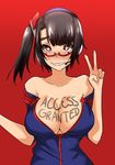  bare_shoulders black_hair blush body_writing breasts cleavage glasses highres internet_positif ipo-chan large_breasts norman_maggot red_background red_eyes short_hair side_ponytail simple_background smile solo v wavy_mouth 