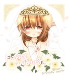  alternate_costume blush bridal_veil brown_eyes brown_hair corsage dated dress flower folded_ponytail inazuma_(kantai_collection) jewelry kantai_collection looking_at_viewer narita_rumi necklace petals smile solo tears tiara twitter_username veil wedding_dress white_background 