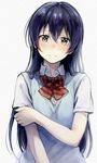  bangs blue_hair blush bow bowtie hair_between_eyes hand_on_own_arm holding_arm long_hair looking_at_viewer love_live! love_live!_school_idol_project otonokizaka_school_uniform school_uniform short_sleeves simple_background solo sonoda_umi striped striped_bow striped_neckwear sweater_vest upper_body yellow_eyes yukiiti 