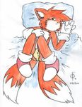  2000 bed bulge clothing footwear gloomwolfe gloves looking_at_viewer male miles_prower pillow shoes solo sonic_(series) underwear 