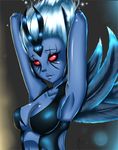  2014 anthro blue_feathers blue_hair blue_skin breasts cleavage clothed clothing doomthewolf dota_2 english_text feathers female hair hi_res horn looking_at_viewer multicolored_hair navel not_furry pose raised_arm red_eyes skimpy solo text two_tone_hair unknown_species vengeful_spirit white_hair wings 