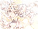  :d angel blue_eyes blush bottle breasts cleavage curly_hair dress feathered_wings feathers gloves hair_ornament halo happy highres large_breasts long_hair looking_at_viewer naka_akira open_mouth original smile solo white_dress white_gloves white_hair wings 