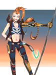  1girl bare_shoulders braid breasts choker gloves green_eyes jacket jewelry jinx_(league_of_legends) league_of_legends long_hair looking_at_viewer mechanical_arm necklace odyssey_jinx orange_hair prosthesis prosthetic_arm small_breasts smile solo tank_top very_long_hair 