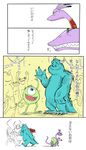  comic fangs fur green_eyes highres horns jacket james_p._sullivan lizard_tail michael_wazowski monsters_inc. monsters_university no_humans one-eyed open_mouth randall_boggs sharp_teeth slit_pupils smile tail teeth translation_request younger yukineko_(2958609) 