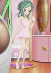  1girl bare_shoulders barefoot bath feet female green_hair highres mizuki_kotori_(yuu-gi-ou_zexal) naked_towel nude screencap short_hair stitched towel yu-gi-oh! yuu-gi-ou_zexal 