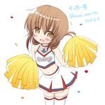  2015 alternate_costume anchor_symbol blush brown_eyes brown_hair cheerleader dated folded_ponytail inazuma_(kantai_collection) kantai_collection looking_at_viewer midriff narita_rumi open_mouth pom_poms solo thighhighs twitter_username 