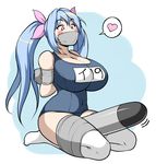  arms_behind_back bdsm between_legs blue_hair blush_stickers bondage bound bound_arms bound_legs breasts cleavage cloth_gag frogtie gag gagged hair_ribbon heart highres huge_breasts i-19_(kantai_collection) improvised_gag jam-orbital kantai_collection long_hair one-piece_swimsuit over_the_nose_gag phallic_symbol pink_eyes ribbon school_swimsuit solo spoken_heart swimsuit tape tape_bondage tape_gag thighhighs torpedo twintails 