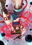  :d alnico_ism boots breasts brown_gloves buttons countdown denim denim_shorts dual_wielding elbow_gloves gloves goggles green_hair gumi gun handgun highres holding large_breasts looking_at_viewer mismatched_gloves open_mouth pistol shell_casing shorts sleeveless smile solo sword tank_top upside-down vocaloid weapon weapon_request 