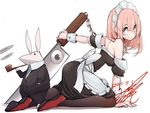  2015 animal black_legwear blue_eyes bunny chain clothed_animal collar dated formal knife looking_at_viewer maid maid_headdress original pink_hair pipe signature smile smoke suit takagi_(tansuke) tansuke wrist_cuffs 