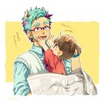  1girl beard bespectacled blue_eyes blue_hair boo_(monsters_inc.) brown_eyes brown_hair child dress facial_hair glasses james_p._sullivan kiri_futoshi monsters_inc. necktie personification short_hair short_sleeves short_twintails smile twintails vest 