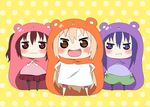  3girls :d :i animal_hood artist_request blush blush_stickers brown_eyes casual chibi doma_umaru ebina_nana female hamster_costume himouto!_umaru-chan hood light_brown_hair looking_at_another motoba_kirie multiple_girls no_shoes open_mouth pleated_skirt polka_dot_background purple_eyes red_eyes shorts skirt smile twintails wavy_mouth yellow_background 